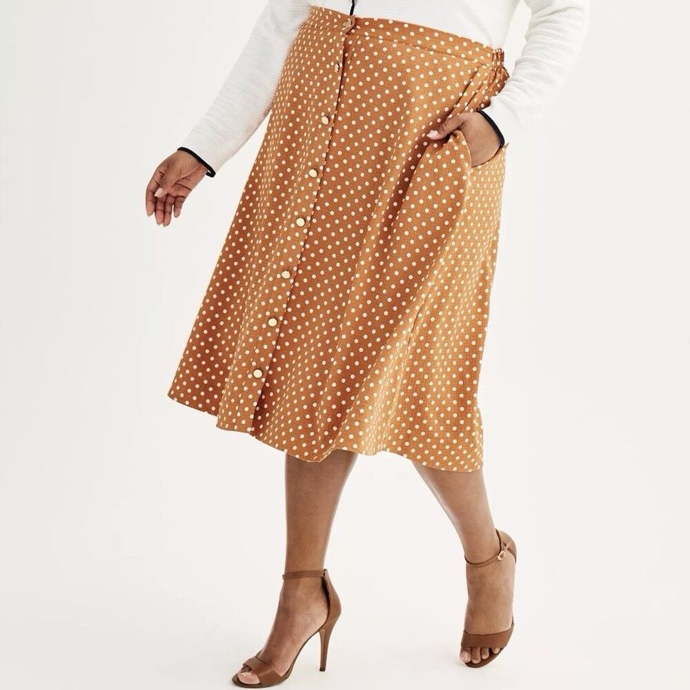 Draper James Midi Skirt Womens XXL Polka Dot Button Front Cinnamon Ivory Pockets